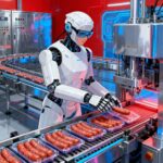 Роботизированный укладчик сосисок РУС-600 в производственном цеху